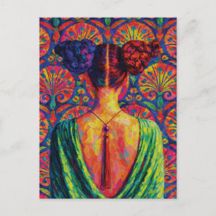 Carte Postale Femme vue de dos Bun's colorés motif floral
