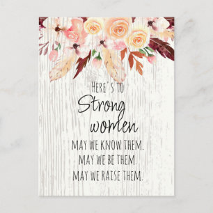 Carte Postale Femmes fortes Bohème Fleur rose Plume Effet bois 