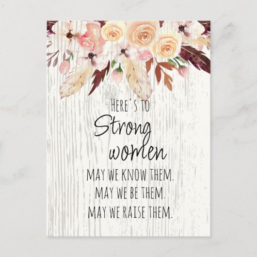 Carte Postale Femmes fortes Bohème Fleur rose Plume Effet bois  (Devant)