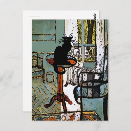 Carte Postale Fenêtre verte avec chat noir (Devant / Derrière)