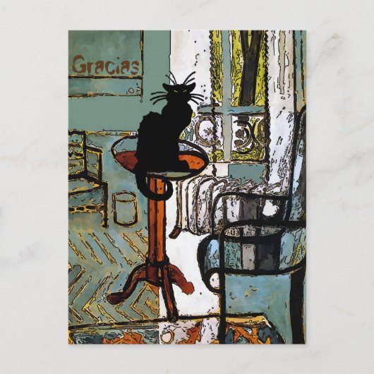 Carte Postale Fenêtre verte avec chat noir, Merci, modifier le t (Devant)