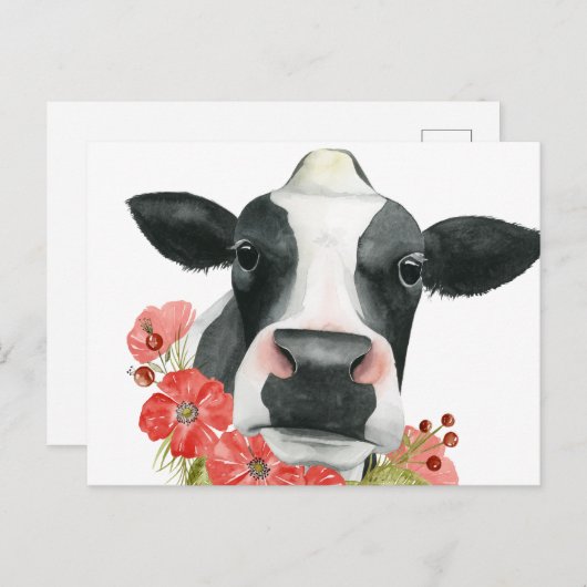 Carte Postale Ferme à pavot - Vache aux fleurs (Devant / Derrière)