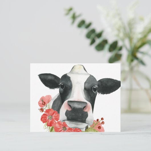 Carte Postale Ferme à pavot - Vache aux fleurs (Debout devant)