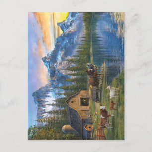 Carte Postale Ferme de montagne au coucher du soleil Scène rural