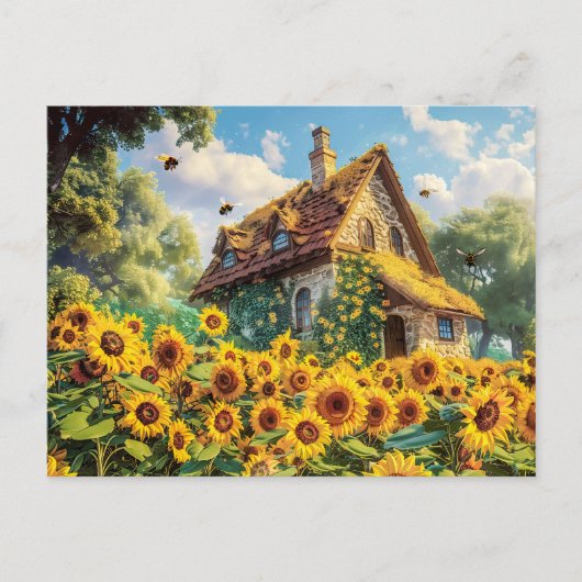 Carte Postale Ferme Sunlit avec fleurs de soleil (Devant)