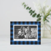 Carte Postale Festif Bleu Buffalo Plaid Photo unique Noël (Debout devant)