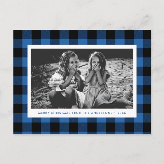 Carte Postale Festif Bleu Buffalo Plaid Photo unique Noël (Devant)