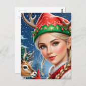 Carte Postale Festif Imaginaire blond femme et cerf Noël (Devant / Derrière)