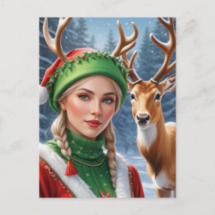 Carte Postale Festif Imaginaire blond femme et cerf Noël
