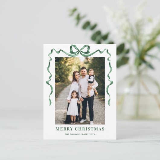 Carte Postale Festif Sage vert Noël Bow Ribbon 2 Photo (Debout devant)