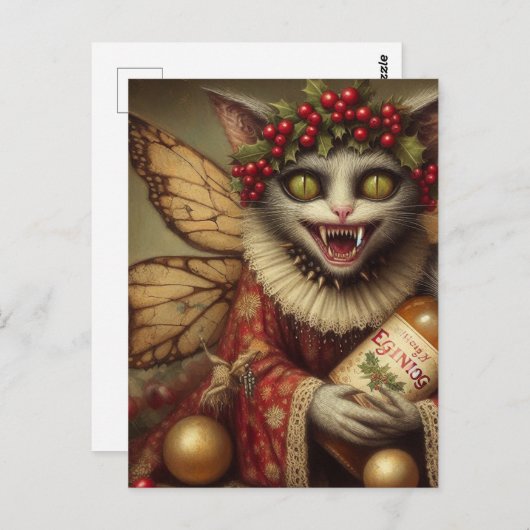 Carte Postale Festif Vampire chat Noël Eggnog (Devant / Derrière)