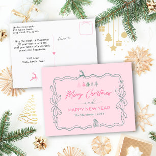 Carte postale Festive Bow & Trees Doodle Pink Holi