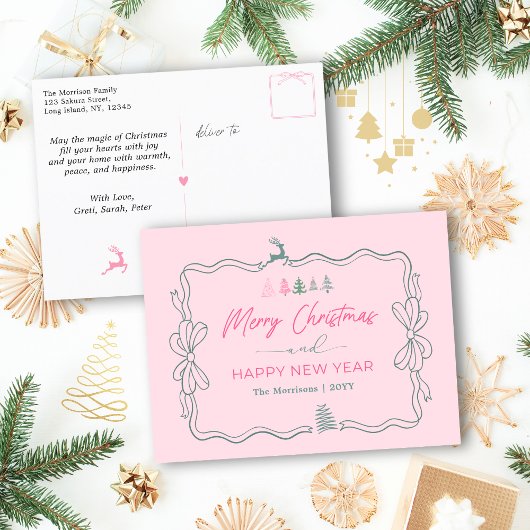 Carte postale Festive Bow & Trees Doodle Pink Holi