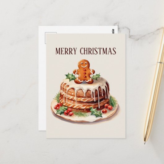 Carte Postale Festive Christmas aquarelle cake ajouter du texte (Devant/Arrière en situation)