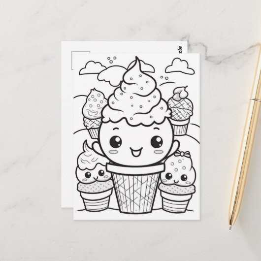 Carte Postale Festive crème glacée enfants coloration (Devant/Arrière en situation)