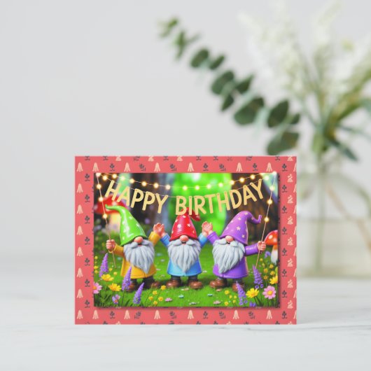 Carte Postale Festive Garden Gnomes Birthday Celebration (Debout devant)