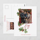 Carte Postale Festive Joy Calligraphy Script, Holly & Photo (Devant / Derrière)