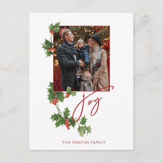 Carte Postale Festive Joy Calligraphy Script, Holly & Photo (Devant)