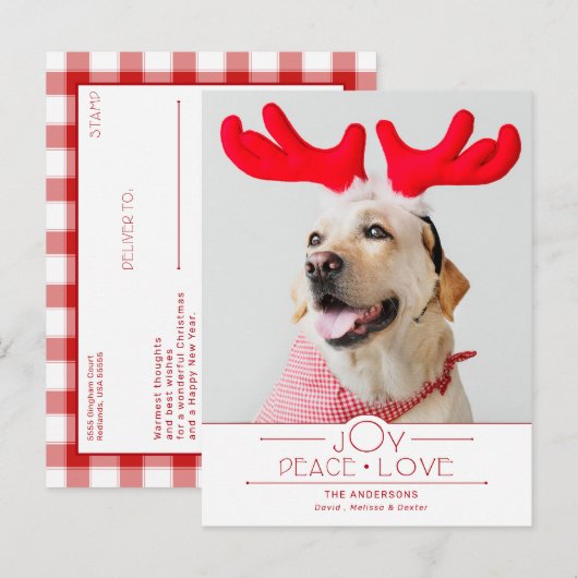 Carte Postale Festive Joy Peace Love Red Plaid Photo (Devant / Derrière)