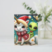 Carte Postale Festive mignonne Alien de Noël et Unicorn (Debout devant)