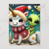 Carte Postale Festive mignonne Alien de Noël et Unicorn (Devant)