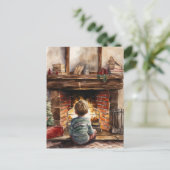 Carte Postale Festive Noël aquarelle cheminée enfant (Debout devant)