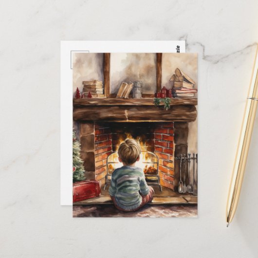 Carte Postale Festive Noël aquarelle cheminée enfant (Devant/Arrière en situation)