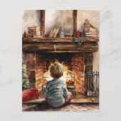 Carte Postale Festive Noël aquarelle cheminée enfant (Devant)