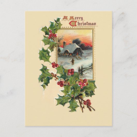 Carte Postale Festive Noël Holly et Rustic Winter Scene (Devant)