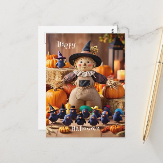 Carte Postale Festive Scarecrow et Citrouille Patch Halloween (Devant/Arrière en situation)