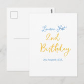 Carte Postale fête 2e anniversaire nom date jaune bleu boho enfa (Devant / Derrière)