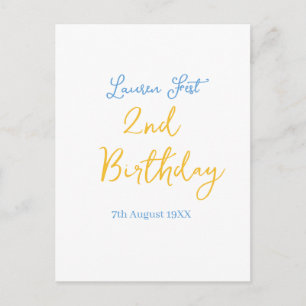 Carte Postale fête 2e anniversaire nom date jaune bleu boho enfa