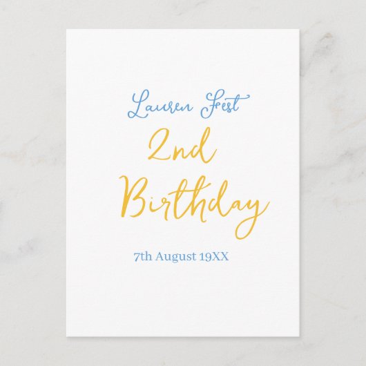 Carte Postale fête 2e anniversaire nom date jaune bleu boho enfa (Devant)