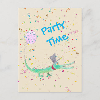 Carte Postale Fête au confetti crocodile vert beige