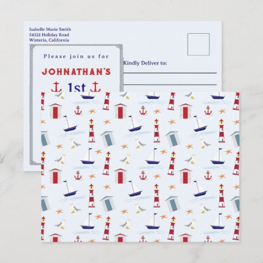 Carte Postale Fête d'anniversaire 1 an thème phare nautique  (Devant / Derrière)