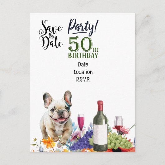 Carte Postale Fête d'anniversaire 50 ans avec un bouledogue fran (Devant)