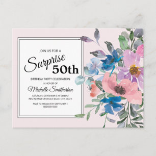 Carte Postale Fête d'anniversaire 50 ans Floral Aquarelle Rose V