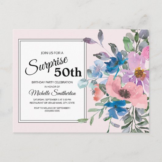Carte Postale Fête d'anniversaire 50 ans thème floral aquarelle (Devant)