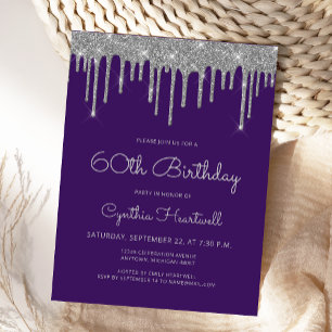 Carte Postale Fête d'anniversaire 60 ans Purple Silver Glitter D