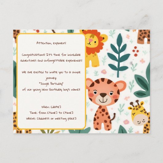 Carte Postale Fête d'anniversaire à thème Jungle Adventure (Devant)