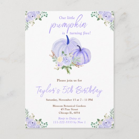 Carte Postale Fête d'anniversaire aux citrouilles violettes flor (Devant)