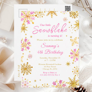 Carte Postale Fête d'anniversaire aux flocons de neige rose et o
