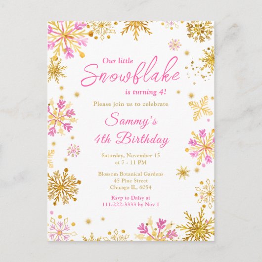 Carte Postale Fête d'anniversaire aux flocons de neige rose et o (Devant)