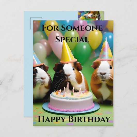 Carte Postale Fête d'anniversaire avec des cochons d'Inde de fêt (Devant / Derrière)