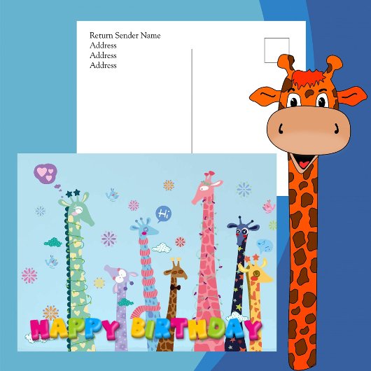 Carte Postale Fête d'anniversaire avec Giraffes arc-en-ciel