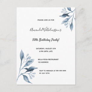 Carte Postale Fête d'anniversaire blanc bleu botanique invitatio