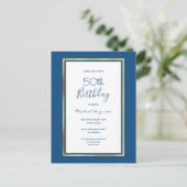 Carte Postale fête d'anniversaire bleu blanc or simple invitatio (Debout devant)