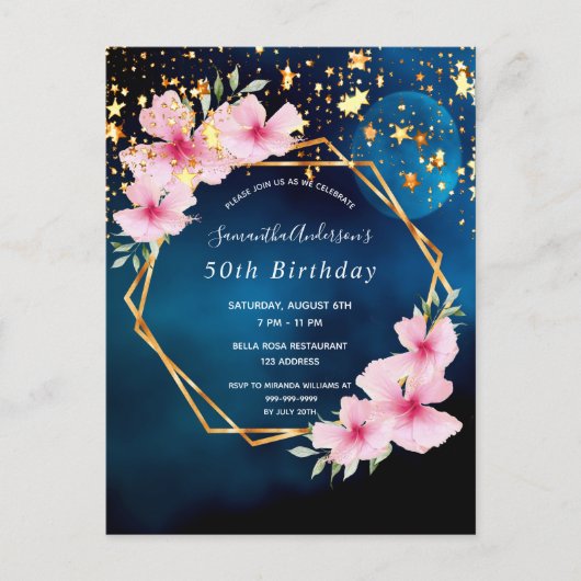 Carte Postale fête d'anniversaire bleu rose floral étoiles invit (Devant)