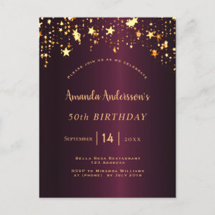 Carte Postale fête d'anniversaire bourgogne or étoiles glam