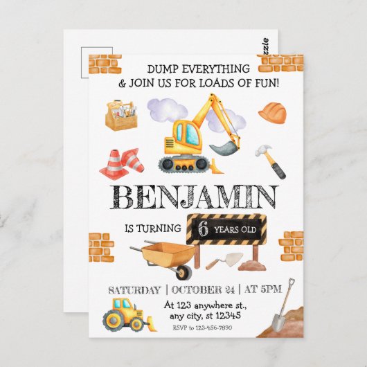 Carte Postale Fête d'anniversaire Camion à benne et Pelle de Cha (Devant / Derrière)